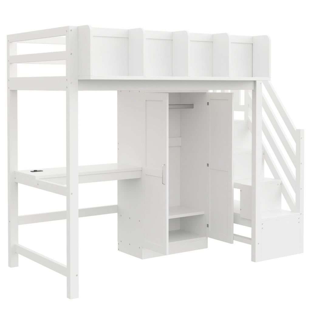 Letto a soppalco 90×200 cm con scrivania; armadio; scaffali e scala contenitore; LED e prese; senza materasso; legno bianco