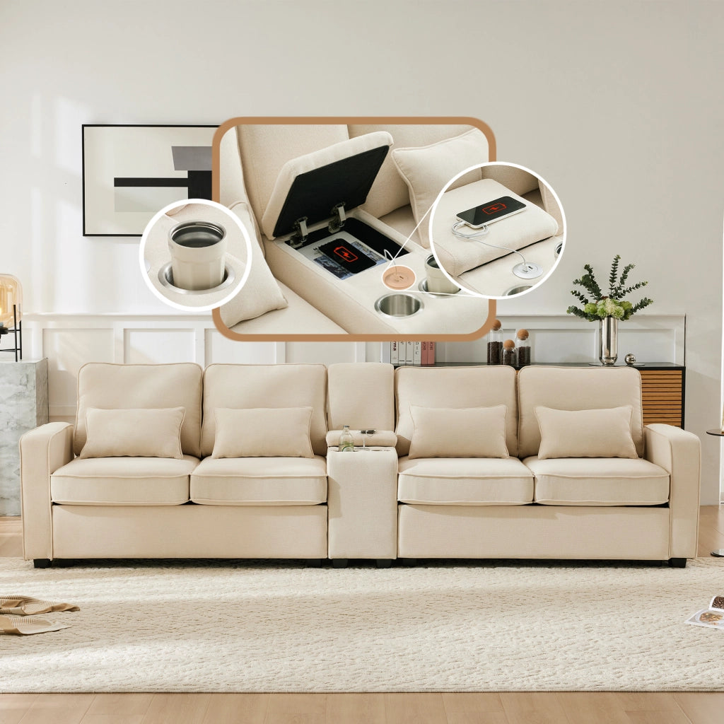 SOFA 4 POSTI CON USB, PORTABICCHIERI, TASCA BRACCIOLI E 4 CUSCINI 290x83x88 cm BEIGE