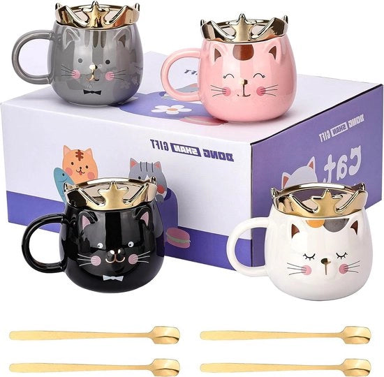 Set di tazze per gatti da 4 con supporto per smartphone e coperchio per amanti dei gatti - Tazze in ceramica per donne e ragazze - Set di tazze per gatti regalo di Natale o compleanno