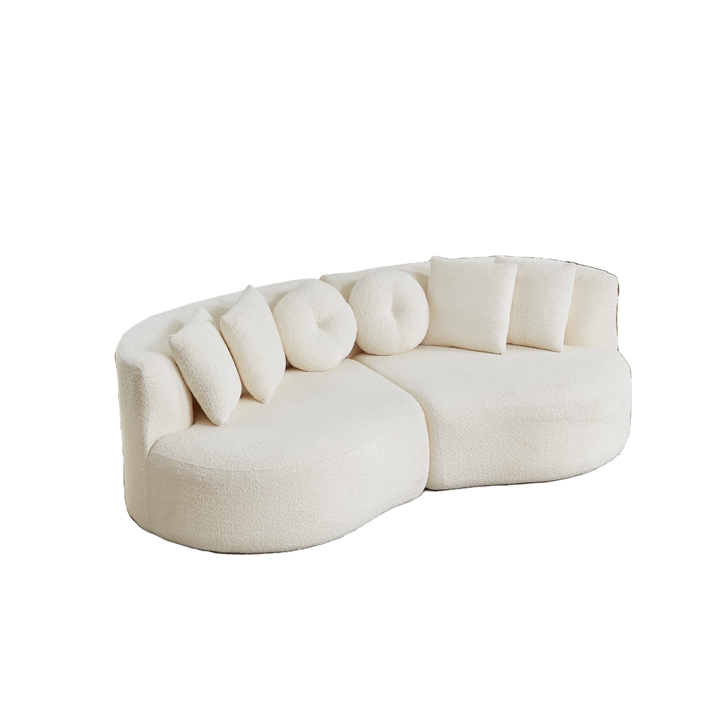 Divano modulare curvo a 2 moduli in ciniglia beige con set di 6 cuscini