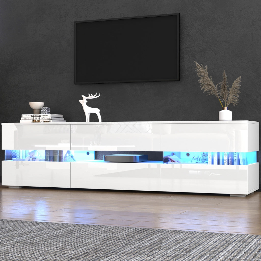 Mobile TV bianco lucido con LED, ante a pressione e vano aperto