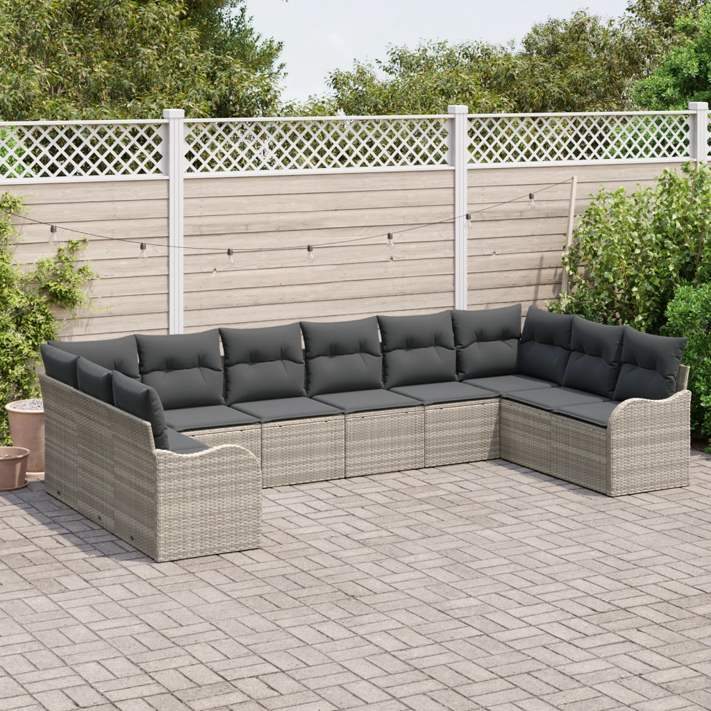 Set di divani da giardino  10 pezzi con cuscini grigio chiaro in polyrattan