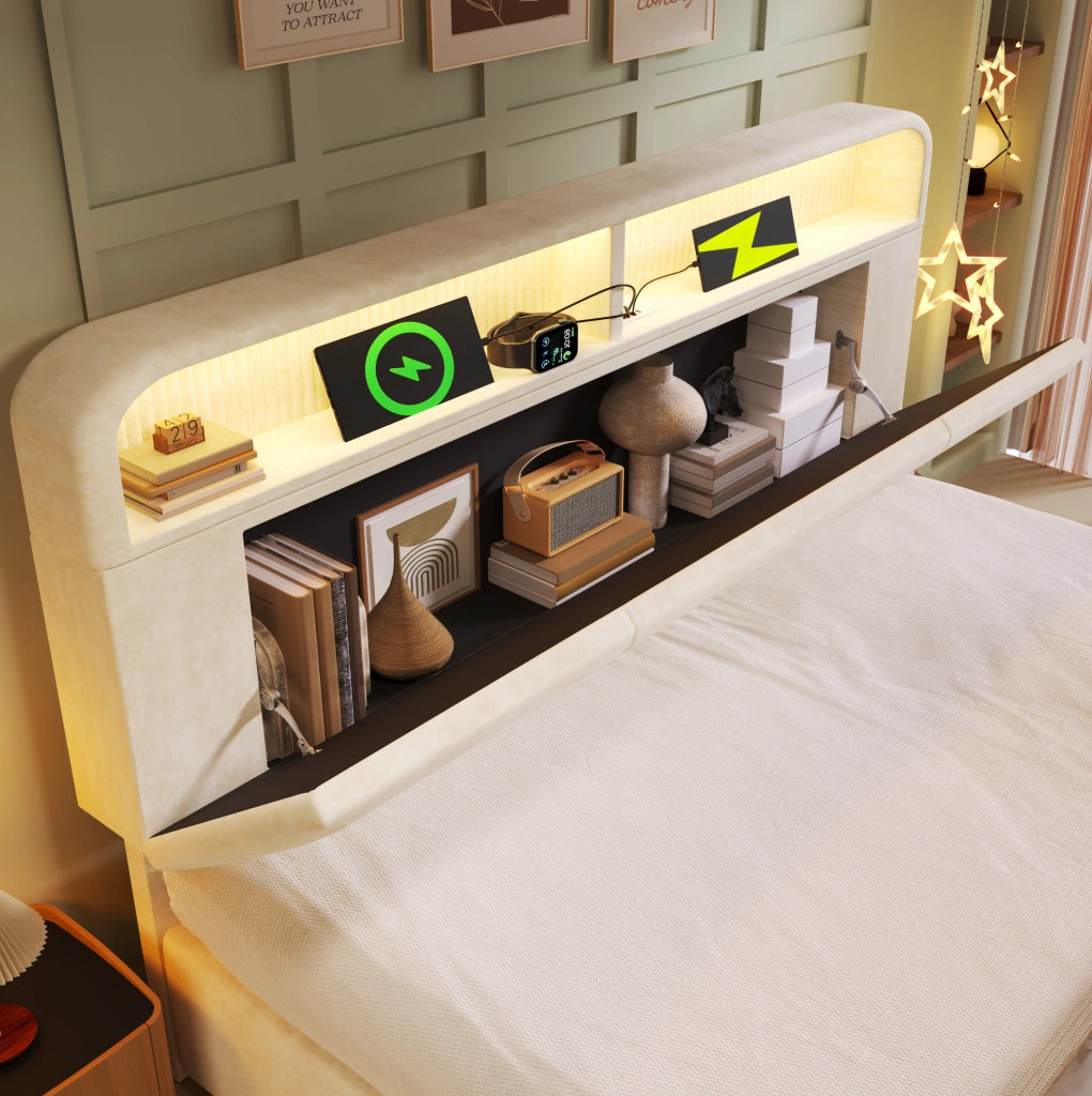 Letto imbottito 180x200 cm beige con contenitore, LED e ricarica USB/Type-C