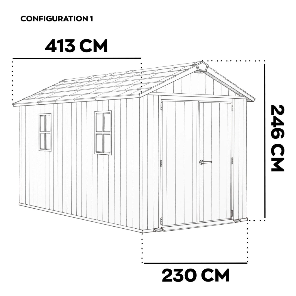 Newton + 7513/1375- Casetta da Giardino 413x246x230 cm 2 Ante per deposito attrezzi finitura effetto legno Evotech+ in Resina Marrone e Nero