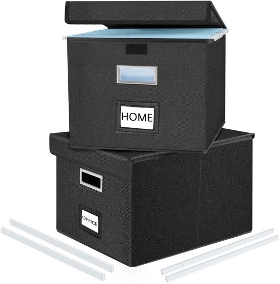 Cassa di archiviazione pieghevole in tessuto con coperchio, scatola da appendere per cartelle A4, cassetti di archiviazione per ufficio, scatola pieghevole per famiglie (nero) 2-pack