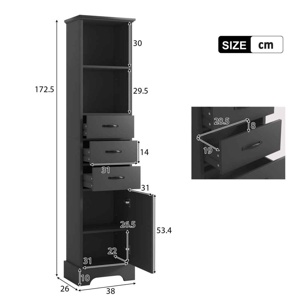 Colonna bagno 38x26x172;5 cm in MDF nero con 3 cassetti; vano chiuso e ripiani regolabili