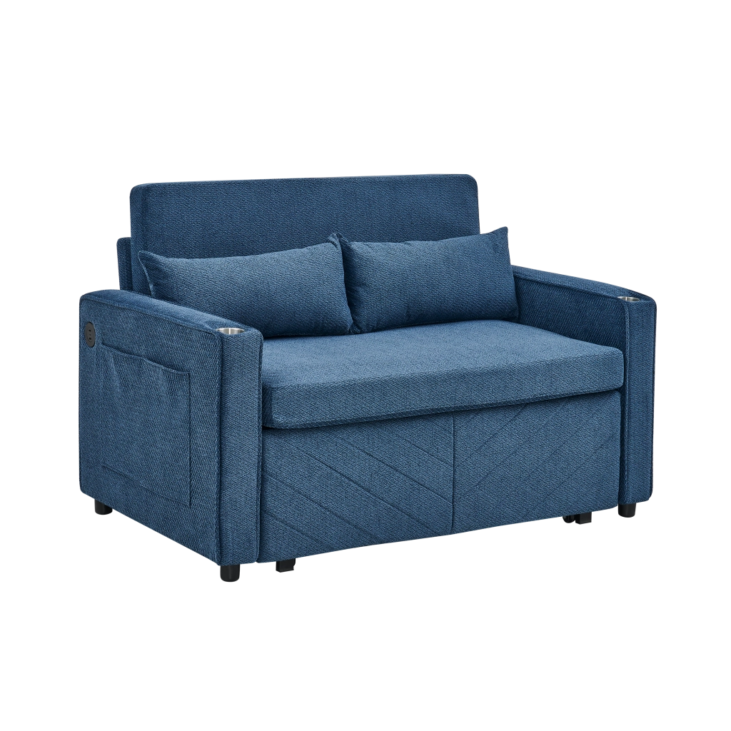 Divano letto 2 posti convertibile con funzione relax e porte USB; in tessuto; blu navy