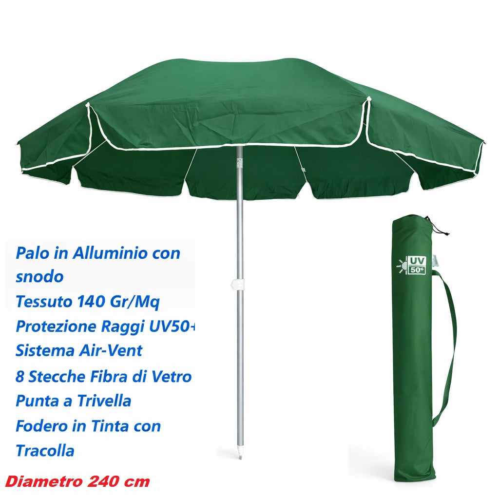 Ombrellone Mare Spiaggia 240 cm Antivento Alluminio UV50+ Inclinabile con Custodia e Trivella