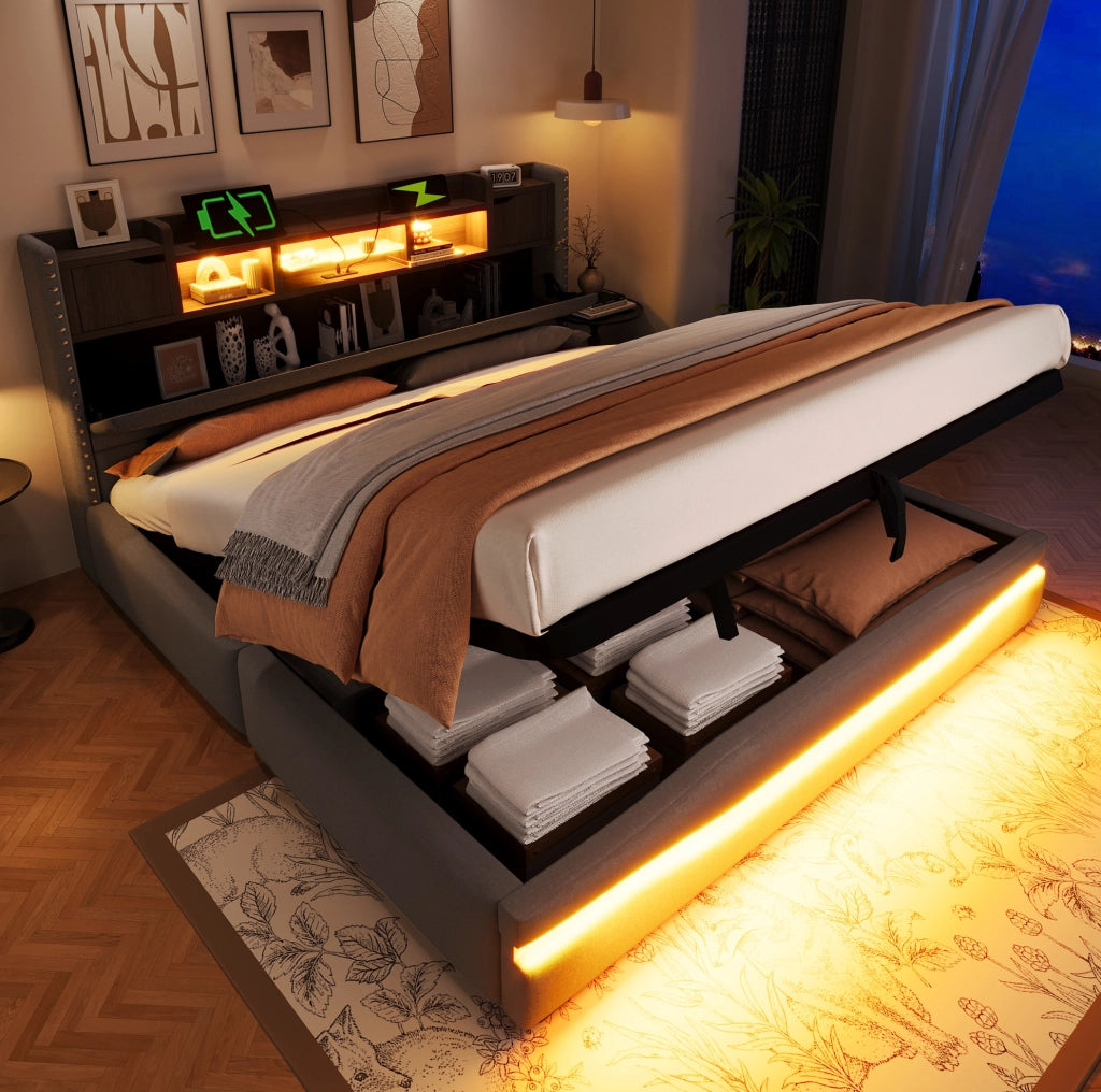 Letto imbottito 180x200 cm con contenitore idraulico; LED e prese USB; grigio