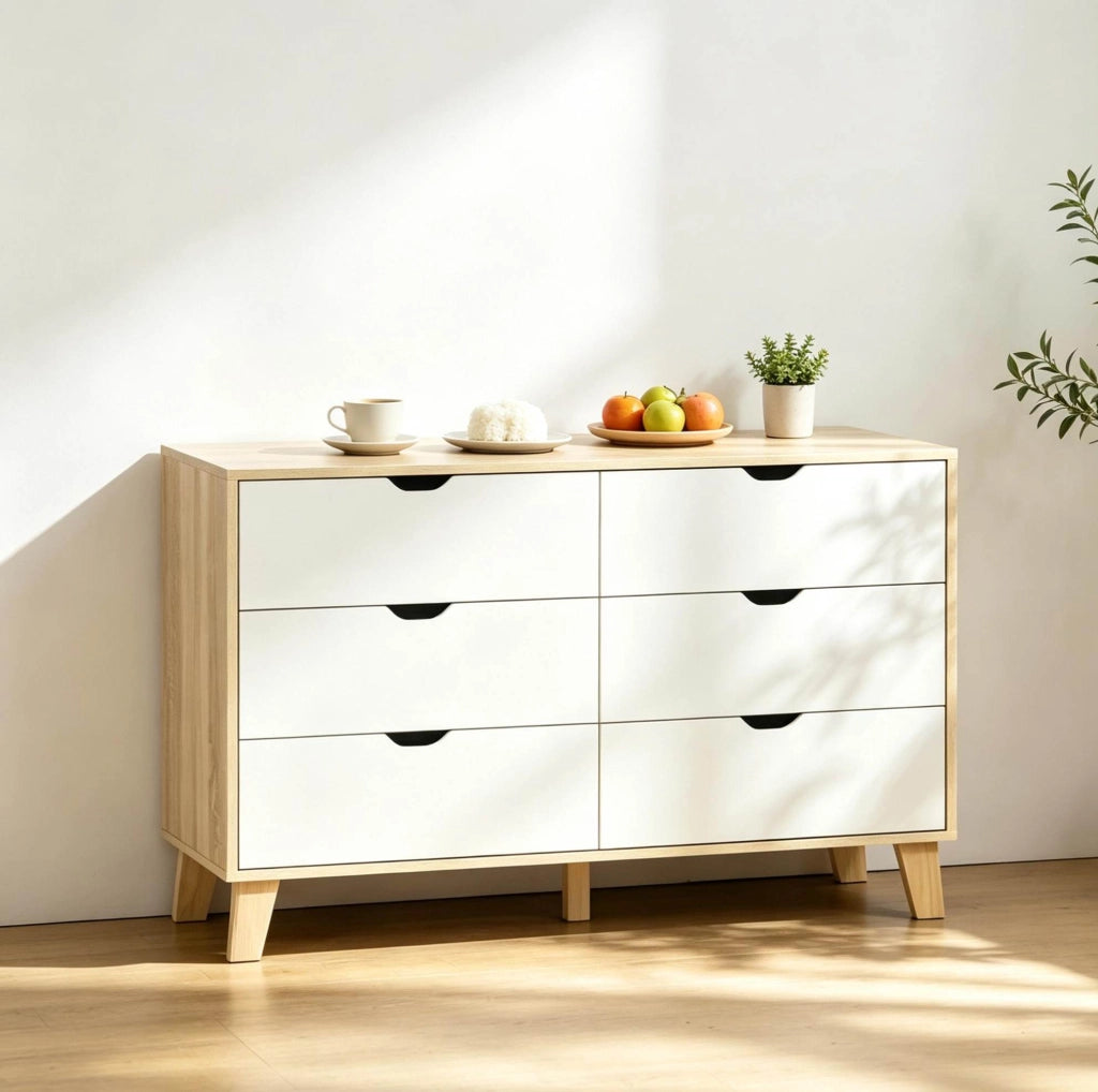 Comò contenitore bianco e rovere 120x40x76 cm con 6 cassetti e gambe in legno