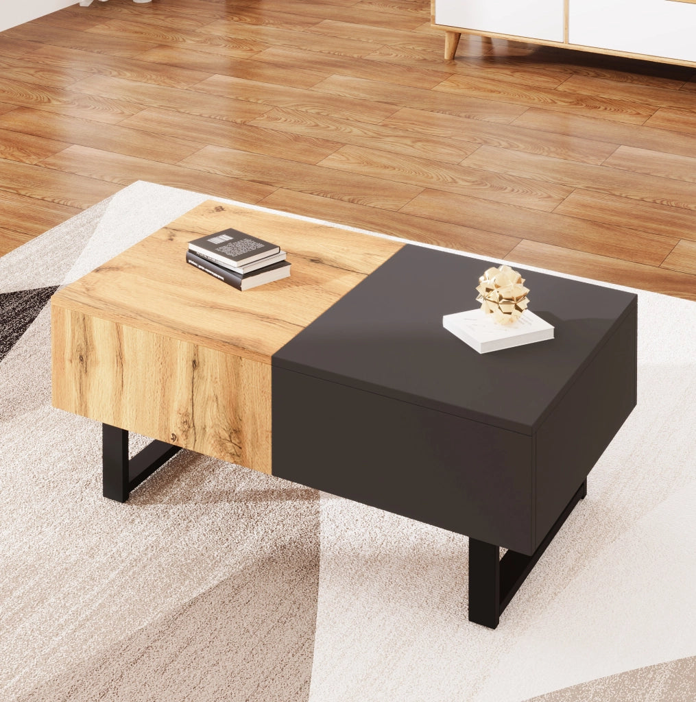 Tavolino da salotto 100x40x55 cm scorrevole con scomparti; pannello truciolare naturale e antracite