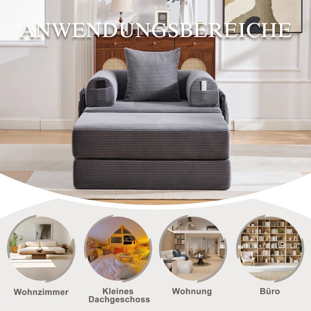 DIVANO modulare 112x190x67 cm in corduroy grigio scuro con pouf e cuscino
