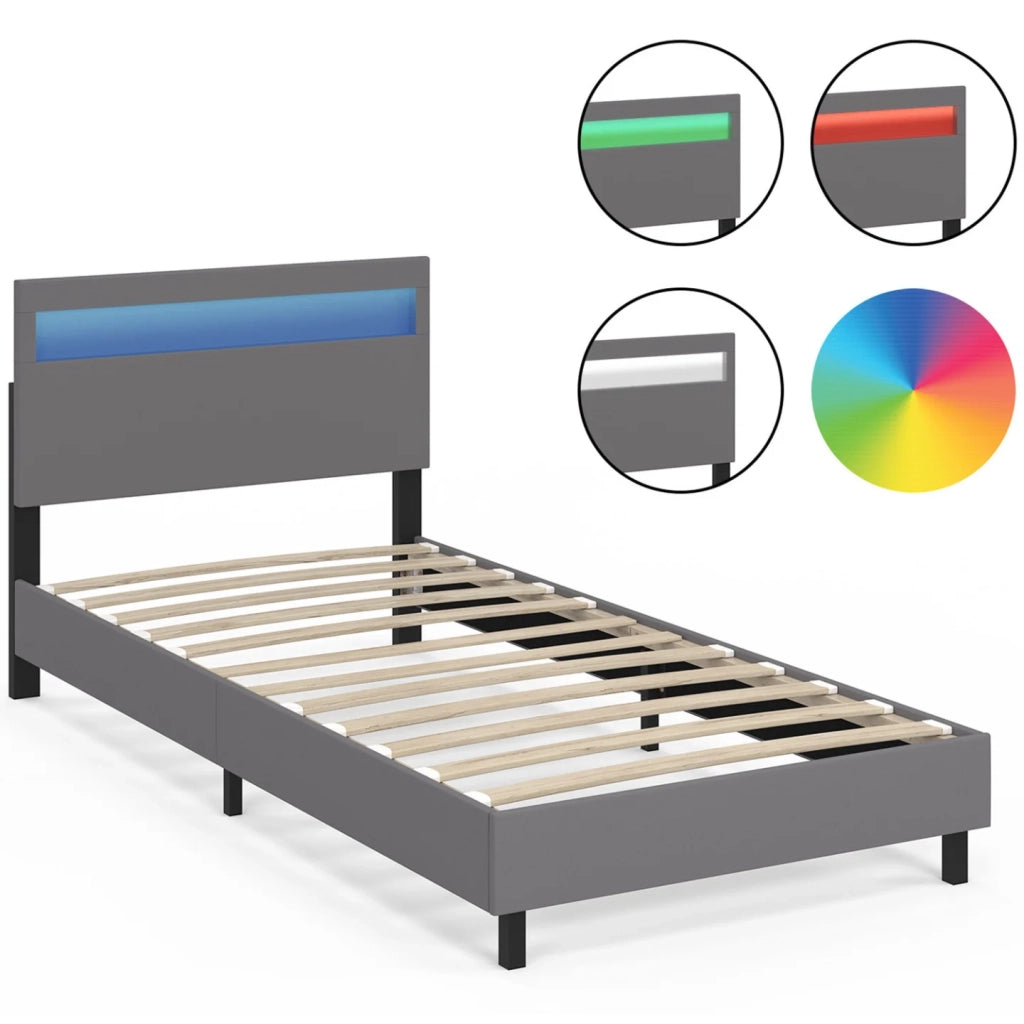 IDMarket - Letto singolo NEO con testata LED integrata e rete 90 x 190 cm PVC grigio