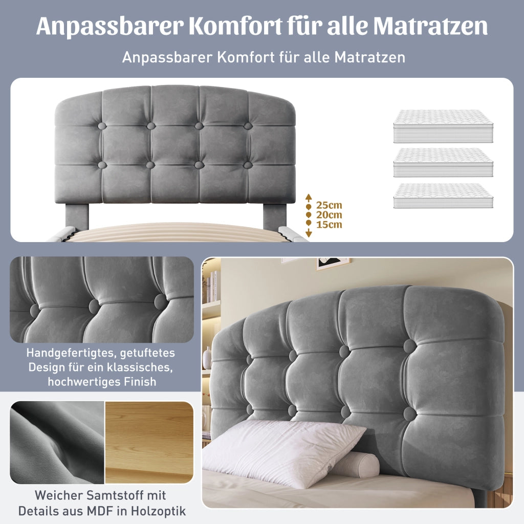 Letto singolo in velluto grigio 90x200 testiera curva regolabile cassetti doghe