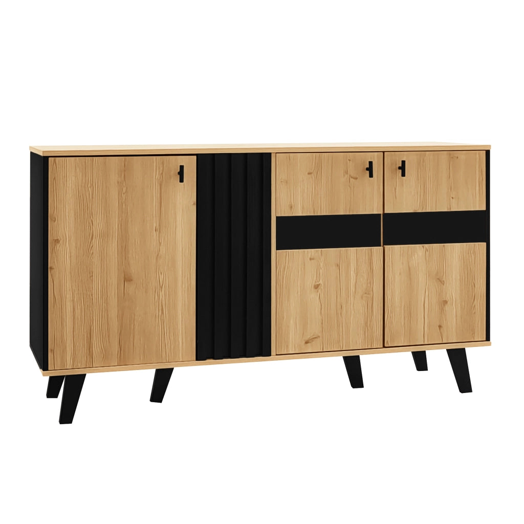 Credenza con 3 Ante; Ripiani; LED e Anta in Vetro; per Soggiorno; in Pannello di Particelle; 140 × 41 × 78.5 cm; Naturale