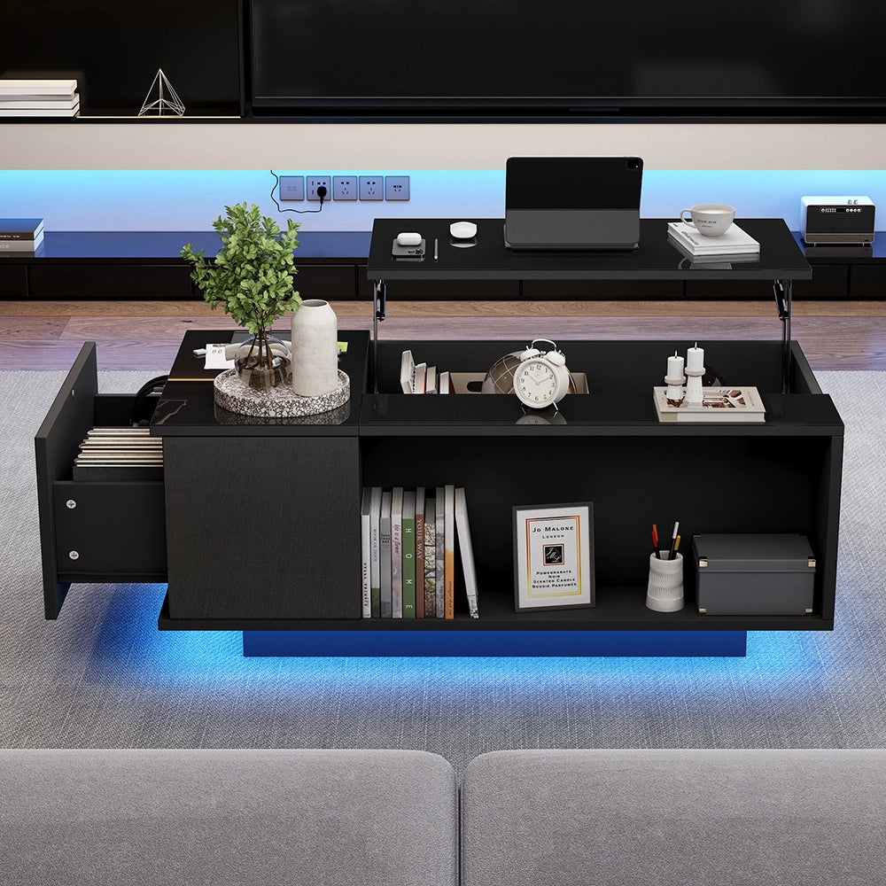 Tavolino-Xylo-100x50x40cm nero regolabile LED con tiroir