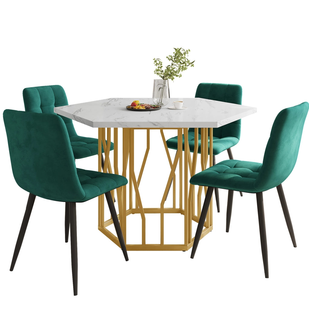 Tavolo da pranzo esagonale con piano effetto marmo in MDF e struttura in metallo