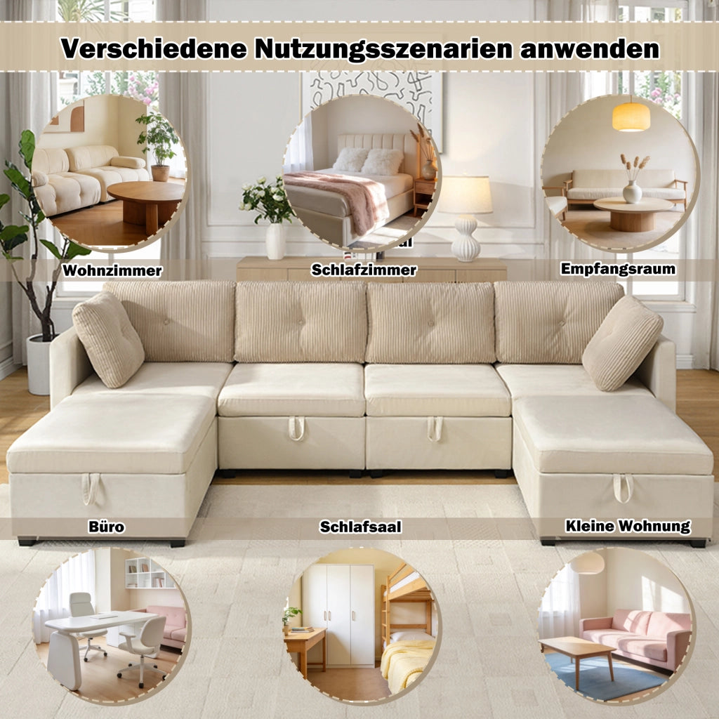 Divano panoramico modulare a U beige in velluto con contenitori e 6 cuscini in velluto a coste