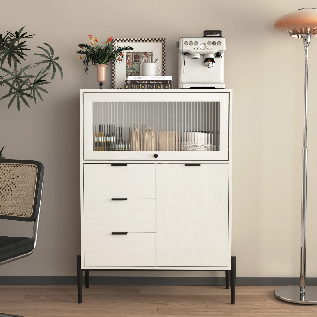 OKWISH Credenza con 3 Cassetti, 1 Anta e 1 Anta in Vetro, Ripiani Regolabili, per Cucina o Sala da Pranzo, Bianca
