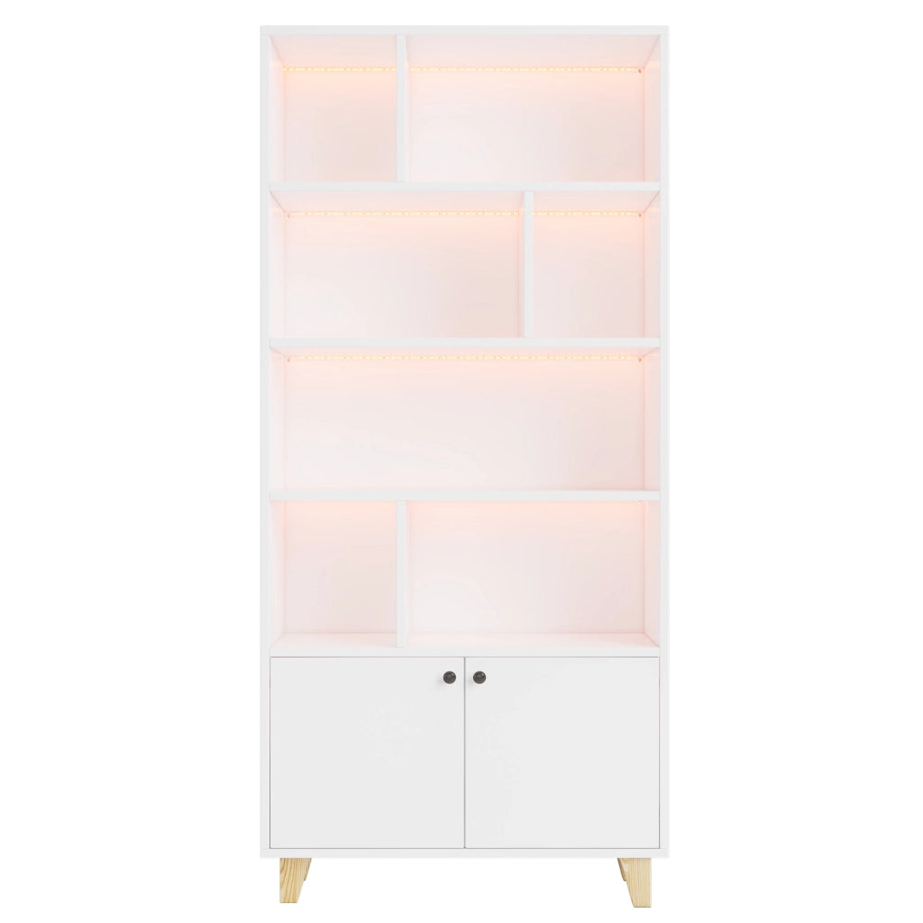 Libreria con 2 Ante e 7 Vani; LED Multicolore; Piedini in Legno Massello; in MDF; 80×30×173 cm; Bianco