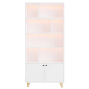 Libreria con 2 Ante e 7 Vani; LED Multicolore; Piedini in Legno Massello; in MDF; 80×30×173 cm; Bianco