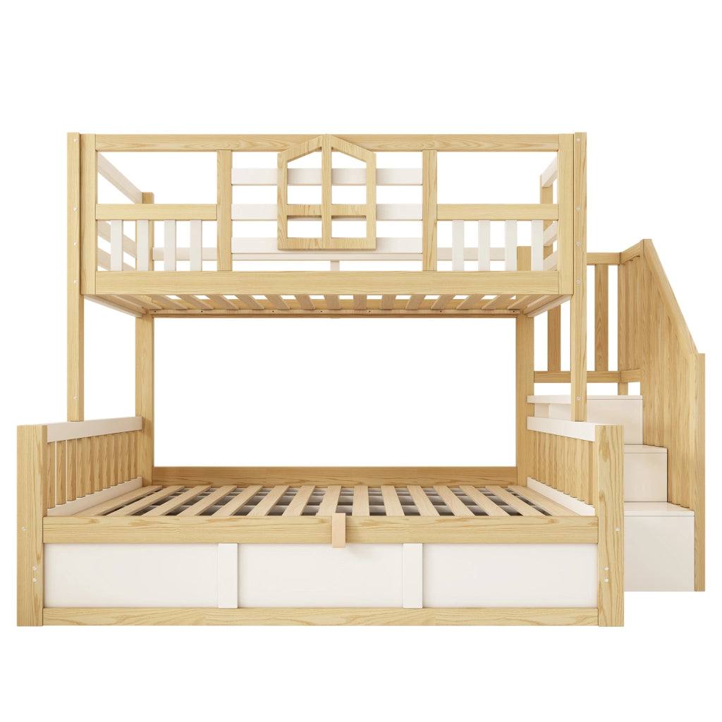 Letto a castello per bambini, 90/140 x 200 cm, con sponde di protezione e spazio contenitivo, bianco e color legno