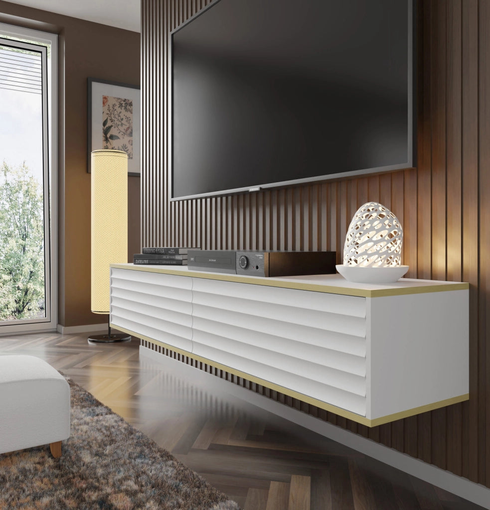 Mobile tv sospeso WABI cm 180x40x33h bianco opaco bordo oro