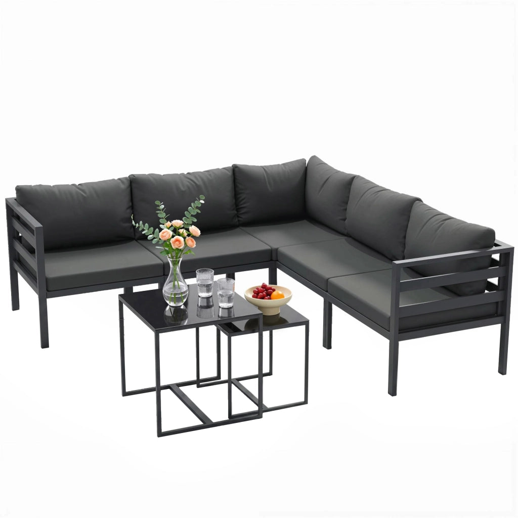 Set Giardino 7 Pezzi Acciaio Polyrattan ¨C Xylo ¨C 5 Sedie Cuscini 2 Tavolini Caff¨¨ Grigio