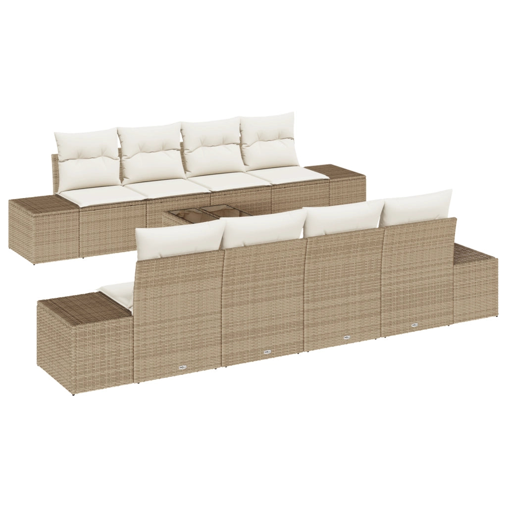Set Divano da Giardino 9 Pezzi con Cuscini Beige Rattan