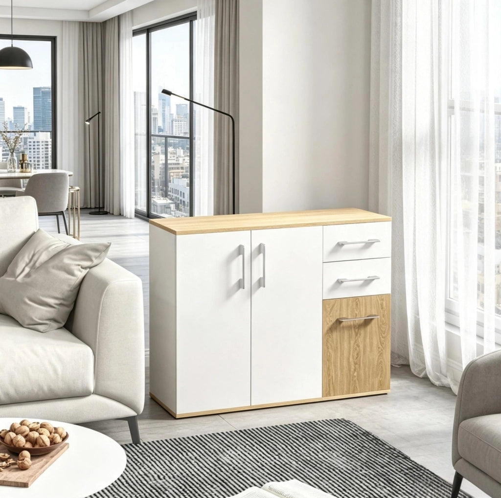 Credenza moderna 90 cm bianca e naturale con 2 cassetti