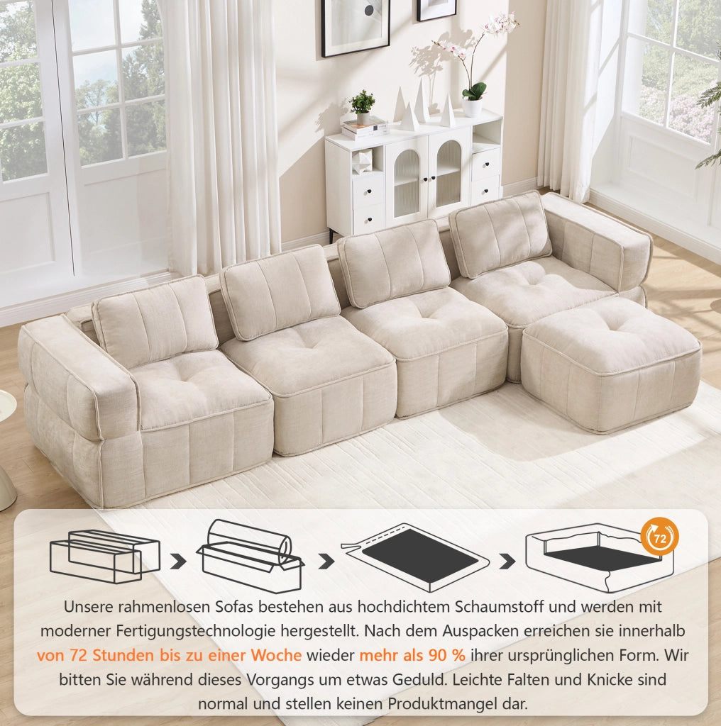 Divano modulare senza struttura in poliestere beige; 344 x 162 x 67 cm