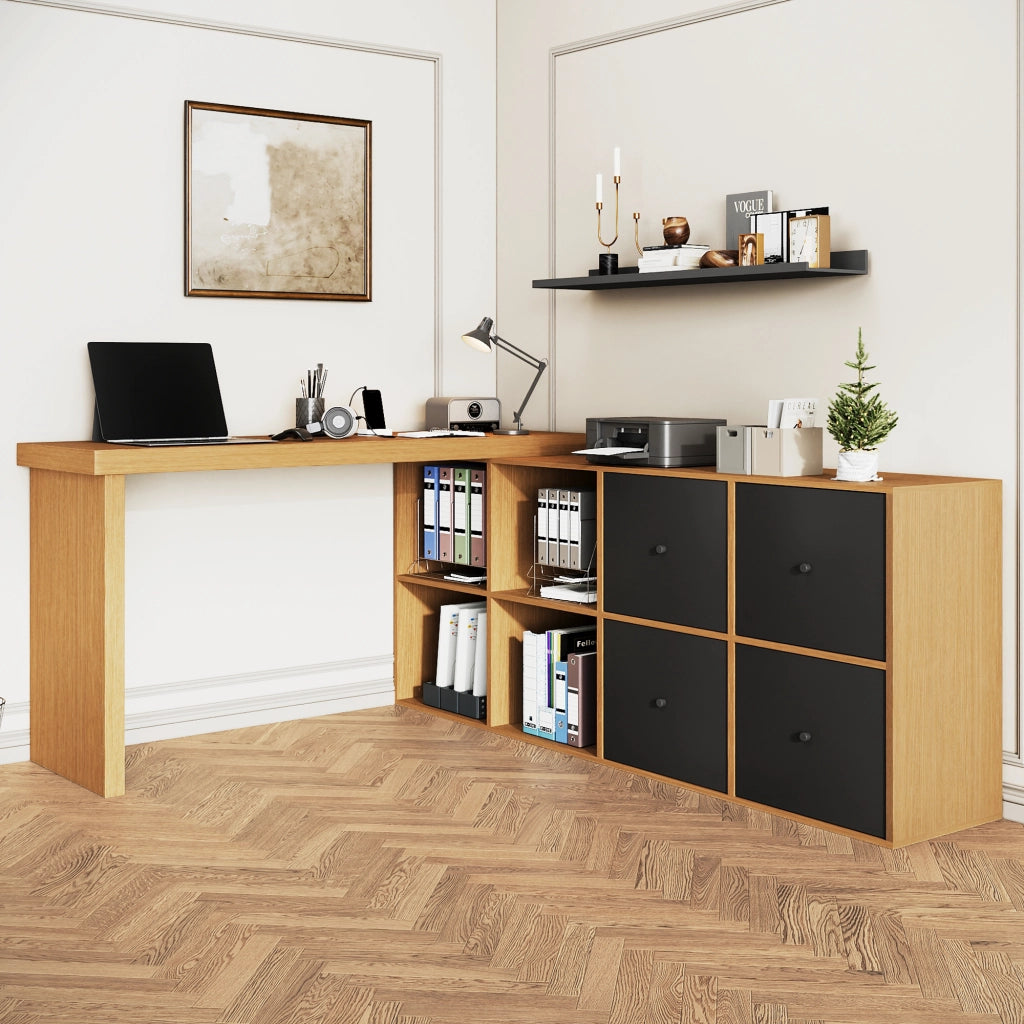 Scrivania angolare girevole a 360° con 4 vani aperti e 4 cassetti, in MDF, per ufficio e home office