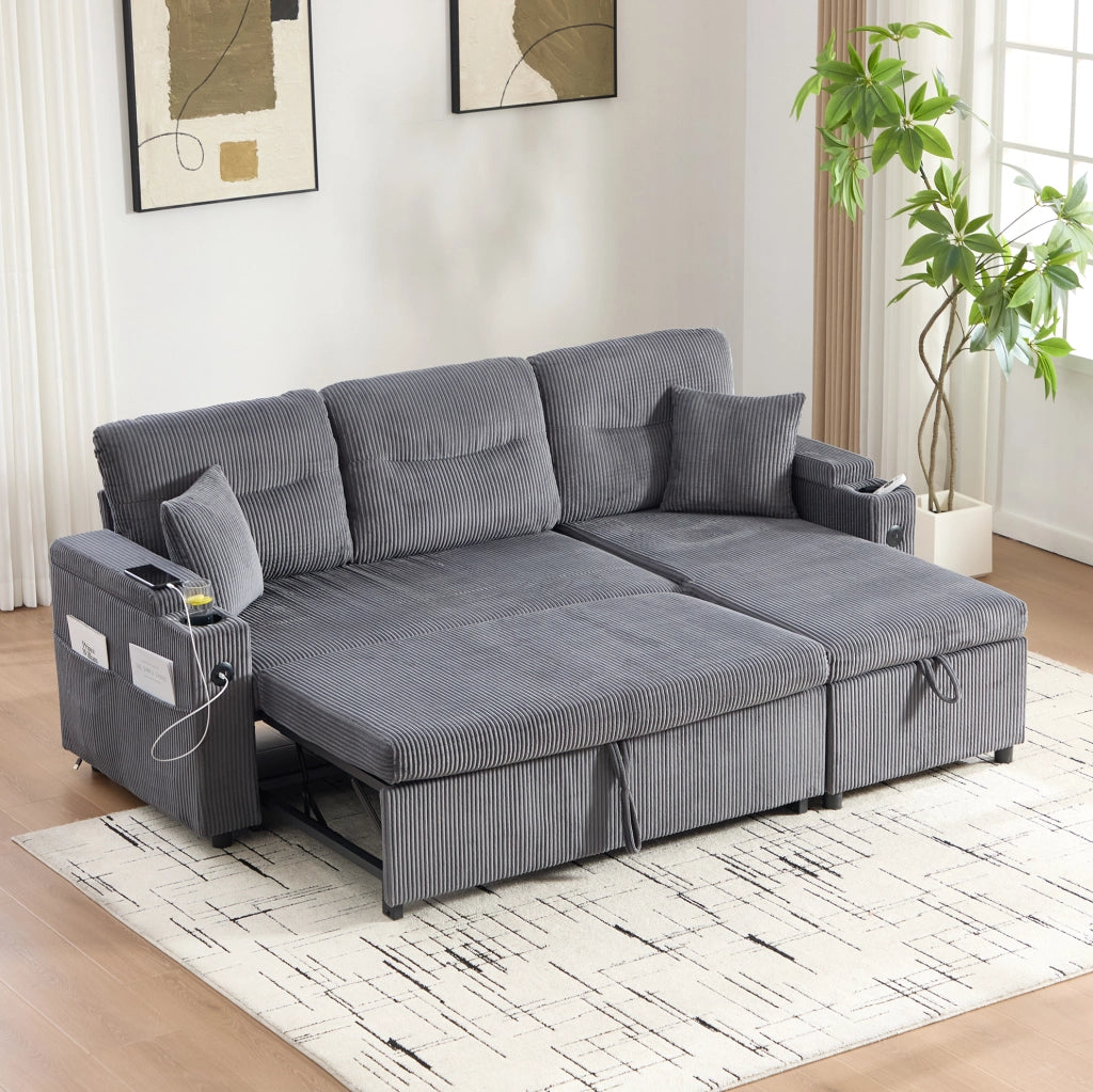Divano 3 posti componibile con chaise longue e letto estraibile; in corduroy grigio carbon; 212;5 cm