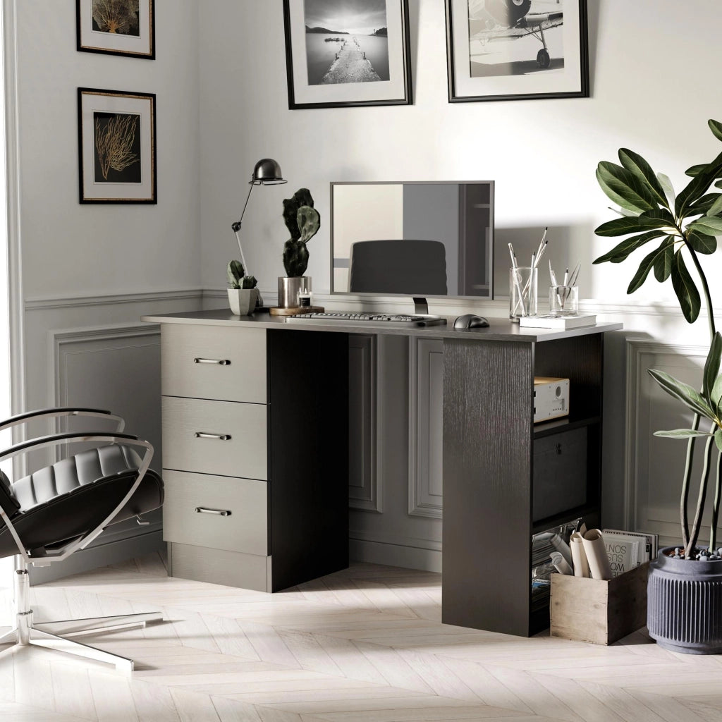 Scrivania Moderna in Legno con 3 Cassetti e 3 Ripiani per Camera e Ufficio, 120x49x72cm, Nero