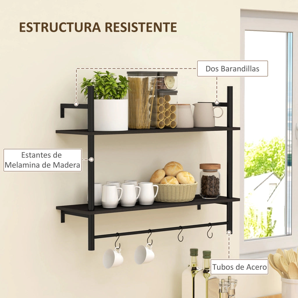 Scaffale a Parete 2 Livelli con Ganchi ¨C Zephmum ¨C 80x24x65 cm Nero