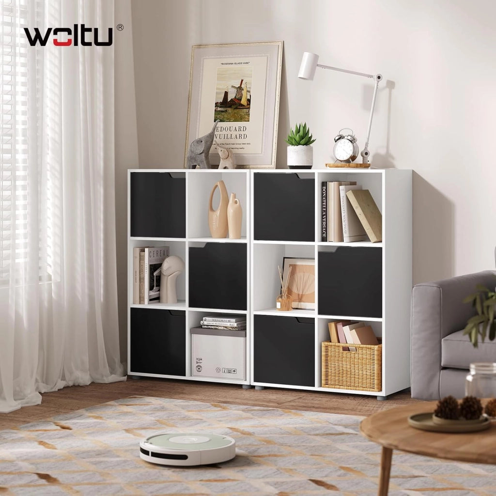 Libreria Armadio a 6 Cubi con Ante Mensola di Legno Portadocumenti Scaffale per Casa e Ufficio Porta Libri CD, Bianco+ Nero, SK001wsz