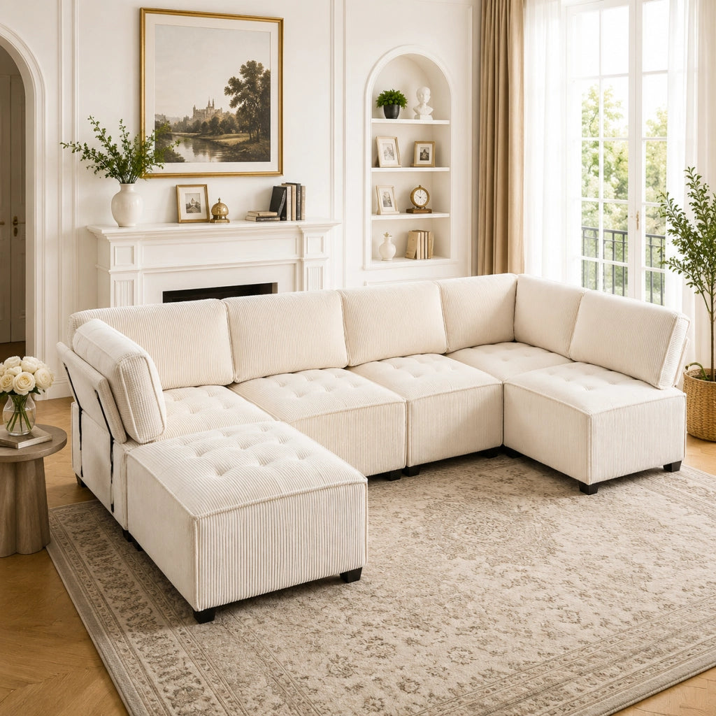 Divano modulare 6 posti in velluto a coste beige; configurabile a U; L o letto