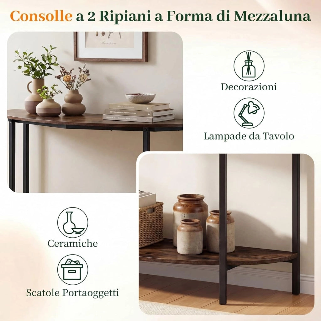 Consolle Ingresso 100 cm, Tavolo d’Ingresso a Forma di Mezzaluna con Doppio Ripiano Aperto, Tavolo Consolle Sottile e Salvaspazio per Salotto, Corridoio e Entrata