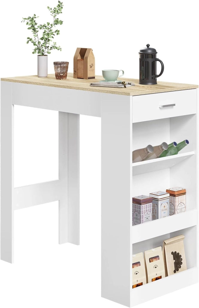 Tavolo da Bar, Bancone da Bar con 1 Cassetto e 3 Ripiani, Tavolo Penisola per Cucina, Pub, Bistrot, Legno Ingegnerizzato (Con assi di legno, Bianco+Rovere Chiaro, 100 x 50 x100 cm)