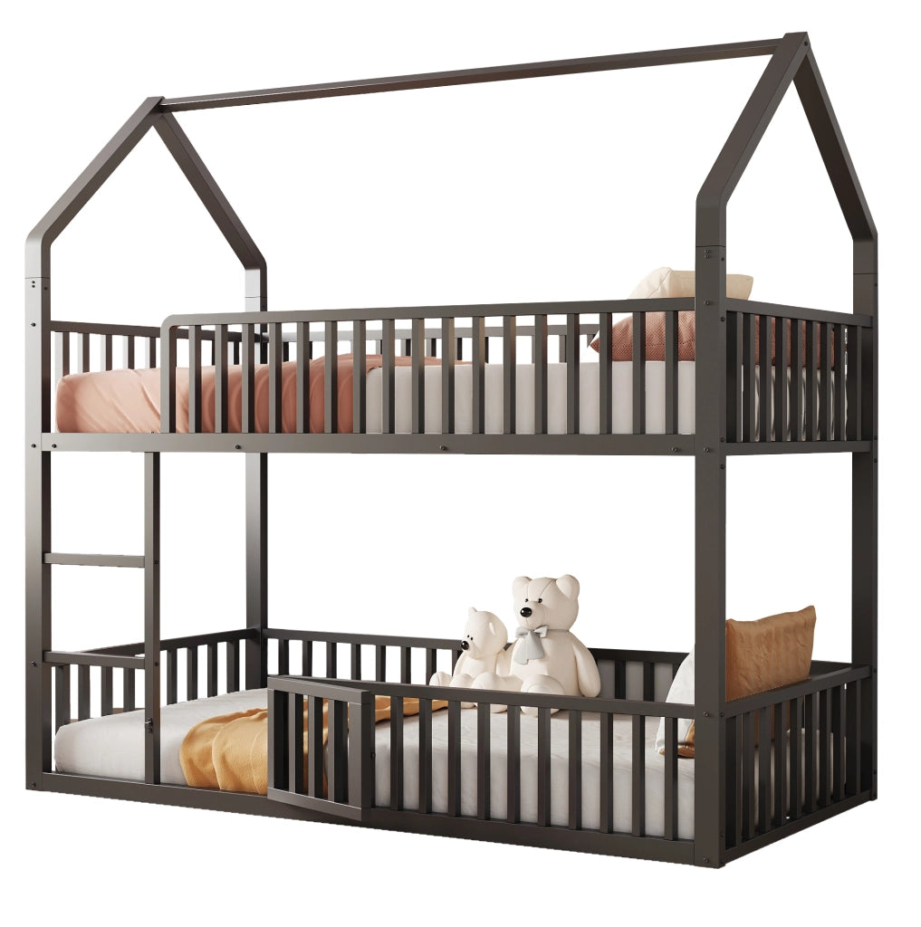 Letto a castello in metallo 90x200 cm con scala frontale e porta apribile; nero