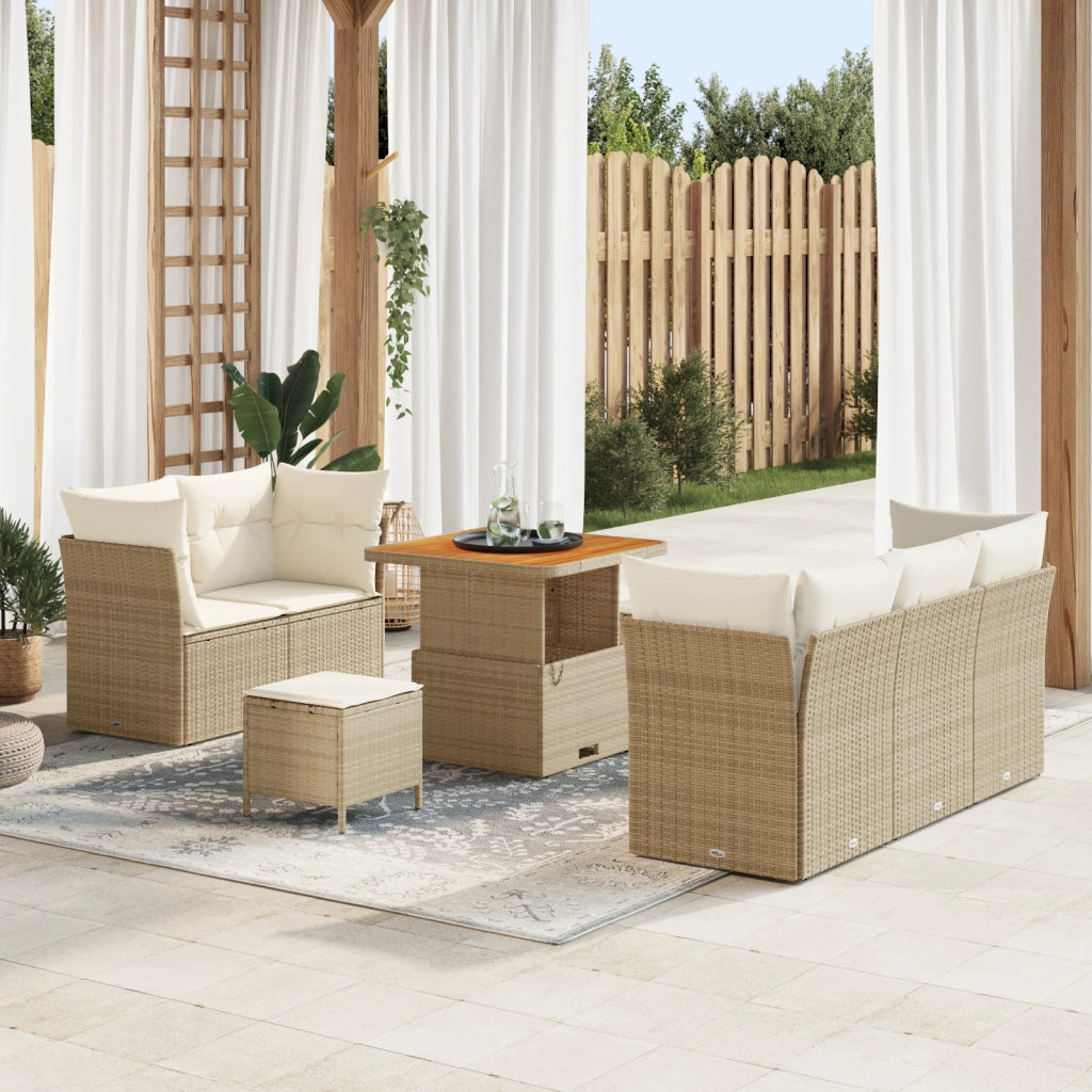 Set Divano da Giardino  8 Pezzi con Cuscini Beige Polyrattan Acacia