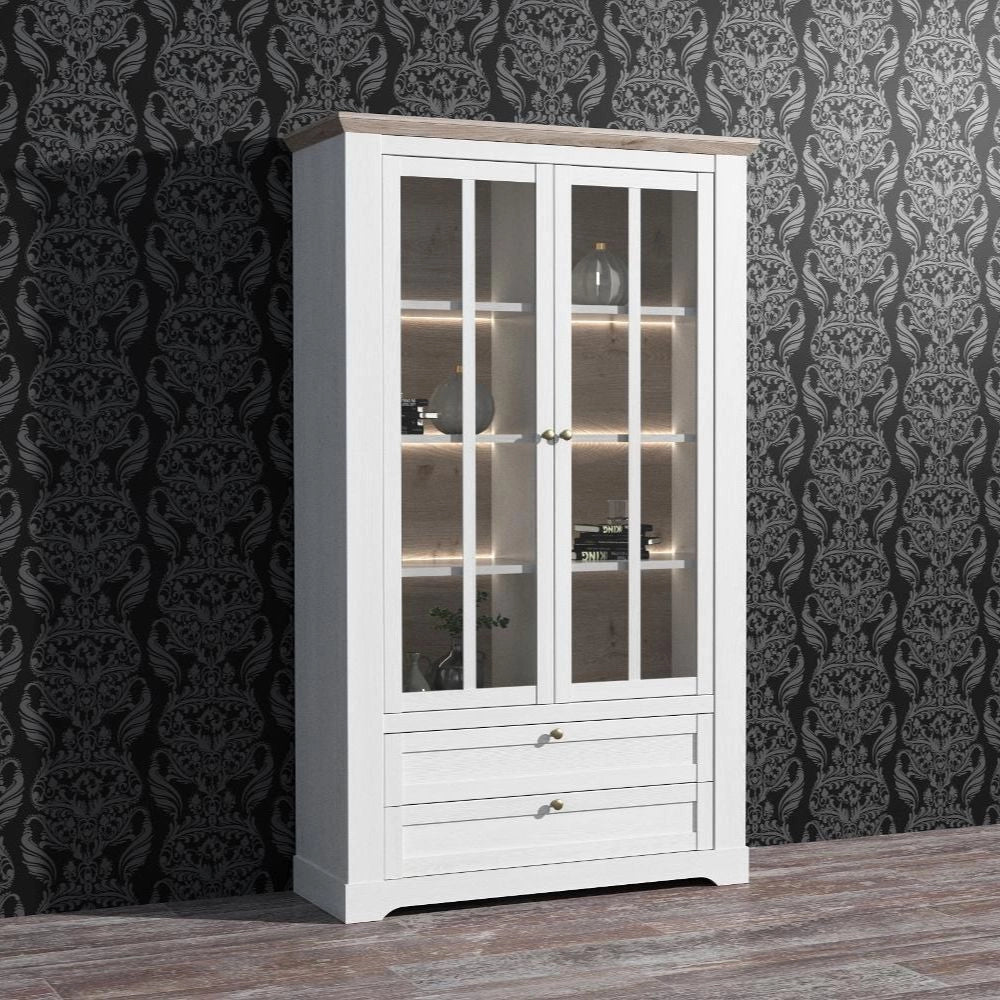 Vetrina Forma 2 Ante con Vetro, 2 Cassetti e Luci LED Rovere Bianco Neve e Olmo Scuro – Esposizione di Grande Impatto