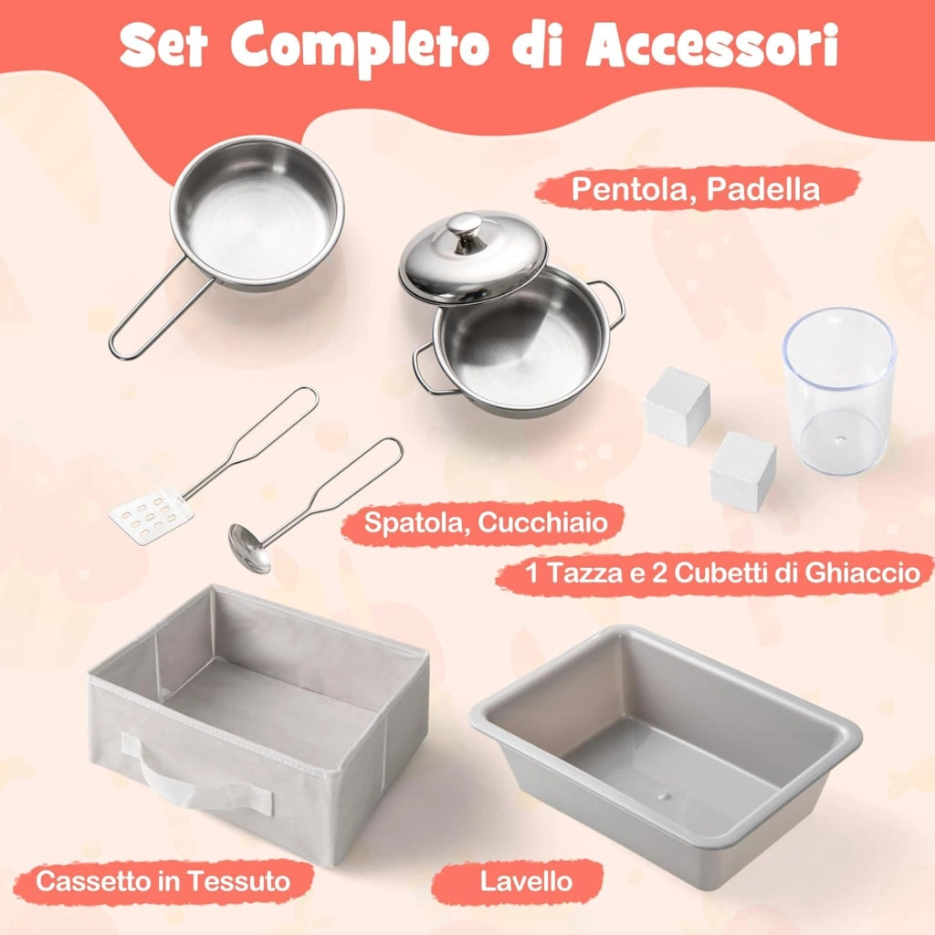 Cucina Giocattolo con Macchina del Ghiaccio e Microonde con Luce, Cucina per Bambini in Legno con 2 Lavagne, Lavandino e Cassetto in Tessuto, Set Cucina con 9 Accessori, 86 x 27 x 83 cm