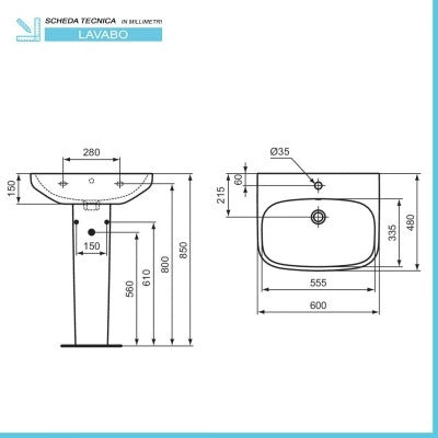 Lavabo Ideal Standard 65 cm con colonna in ceramica lucida  I.Life A