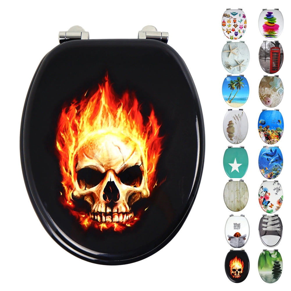 Sedile wc copri vater universale frizionato fantasia in mdf chiusura rallentata *** fantasia fire skull, confezione 1