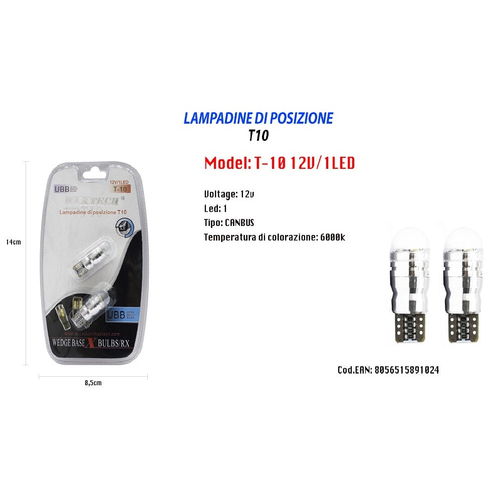 Trade Shop - Lampadine Di Posizione T10 Ultra Luminose Maxtech T-10 12v / 1led Canbus 6000k -