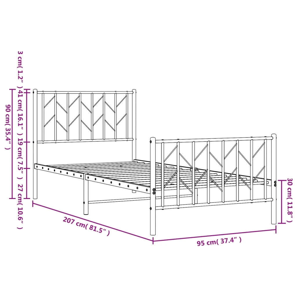 Letto singolo | Letto per adulti | Giroletto con Testiera e Pediera Metallo Nero 90x200 cm