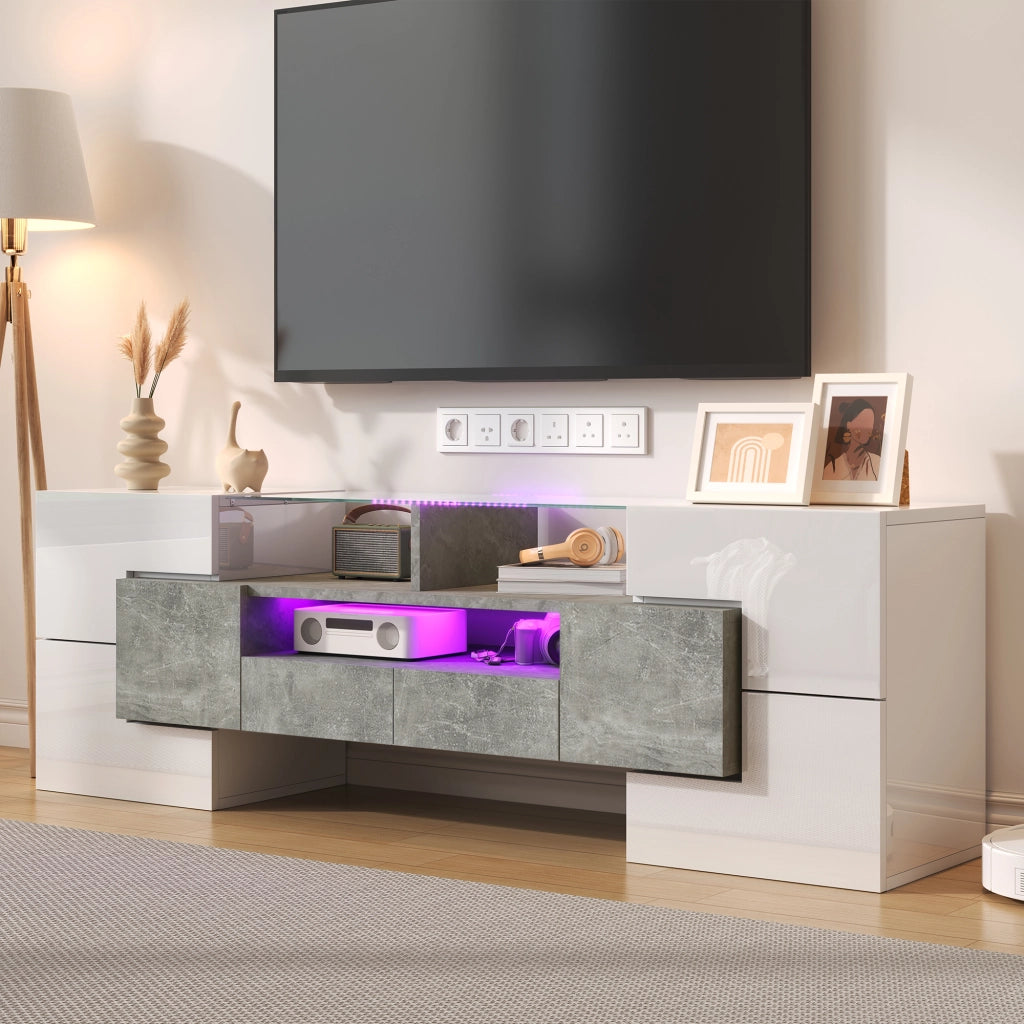 Mobile TV moderno bianco lucido con LED, 145 cm, 6 ante, 2 cassetti e 3 vani
