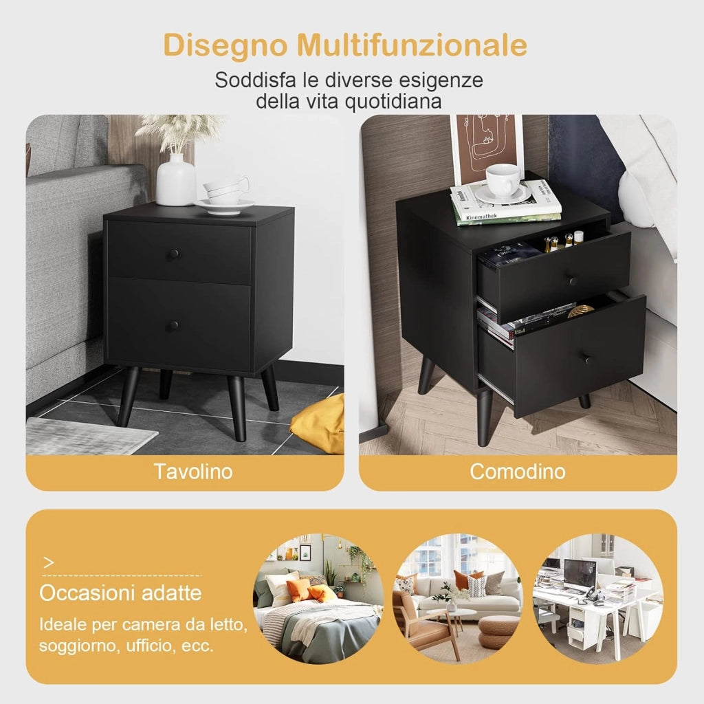 Comodino 45 x 40 x 62 cm per Camera da Letto con 2 Cassetti, Tavolino Moderno da Salotto con Solide Gambe in legno di Gomma, Mobile Salvaspazio per Soggiorno (Nero)