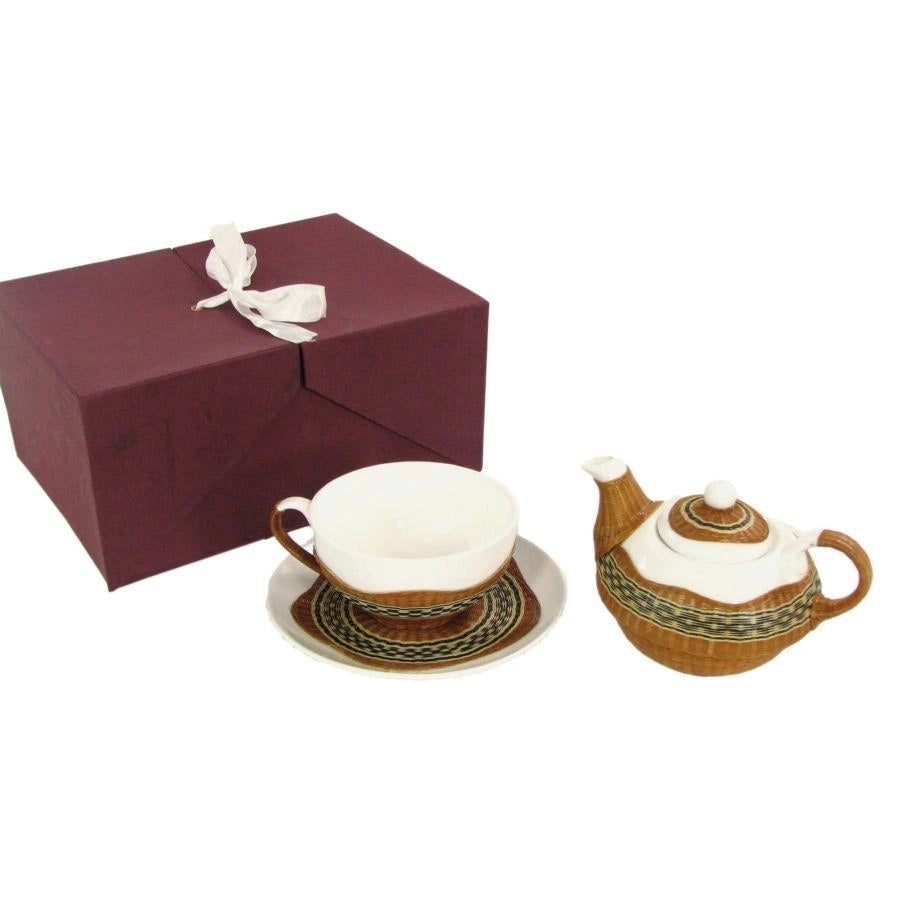 Set Teiera con Tazza e Piattino in Porcellana in Porcellana Decoro in Bambù Noce